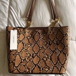 NWT Calvin Klein Tan and Black Snake-Print Chain-Handle Tote